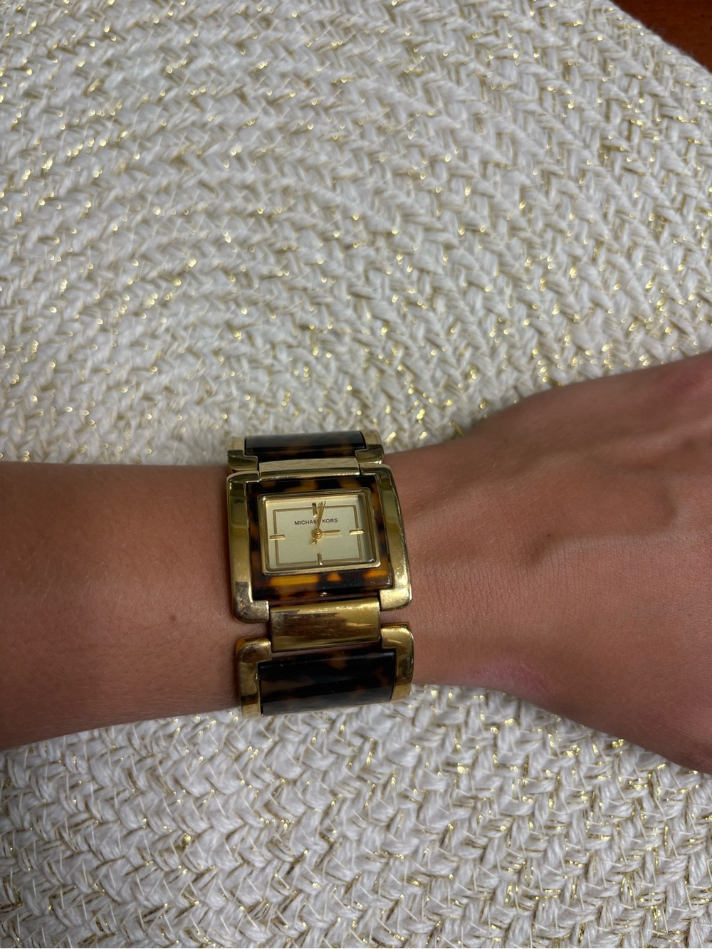 Michael Kors Gold and Tortoiseshell Square-Link Bracelet Watch